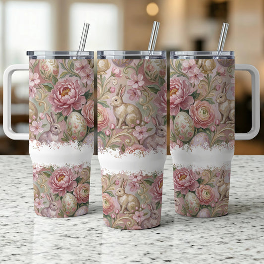 Three tumblers with a floral and bunny Easter egg pattern.