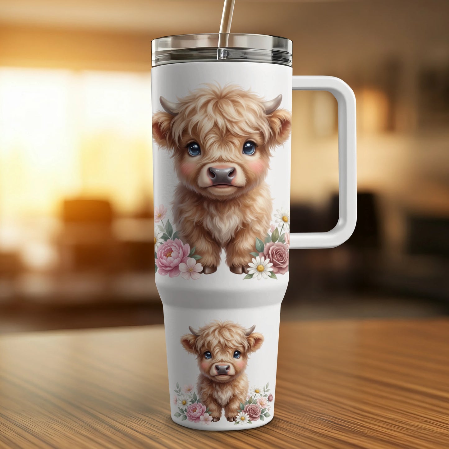 White tumbler with baby highland cow and floral design.