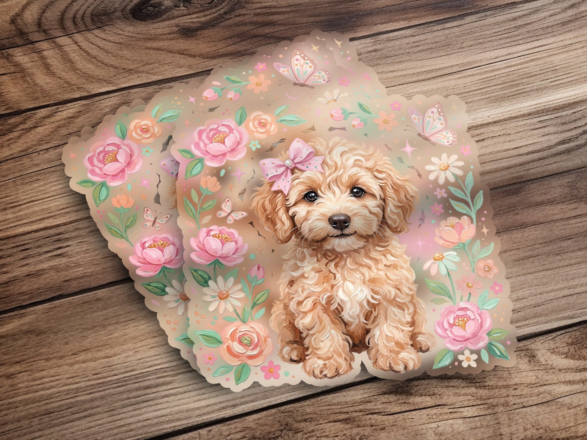 Fluffy dog with floral accents and butterflies on a wooden background.