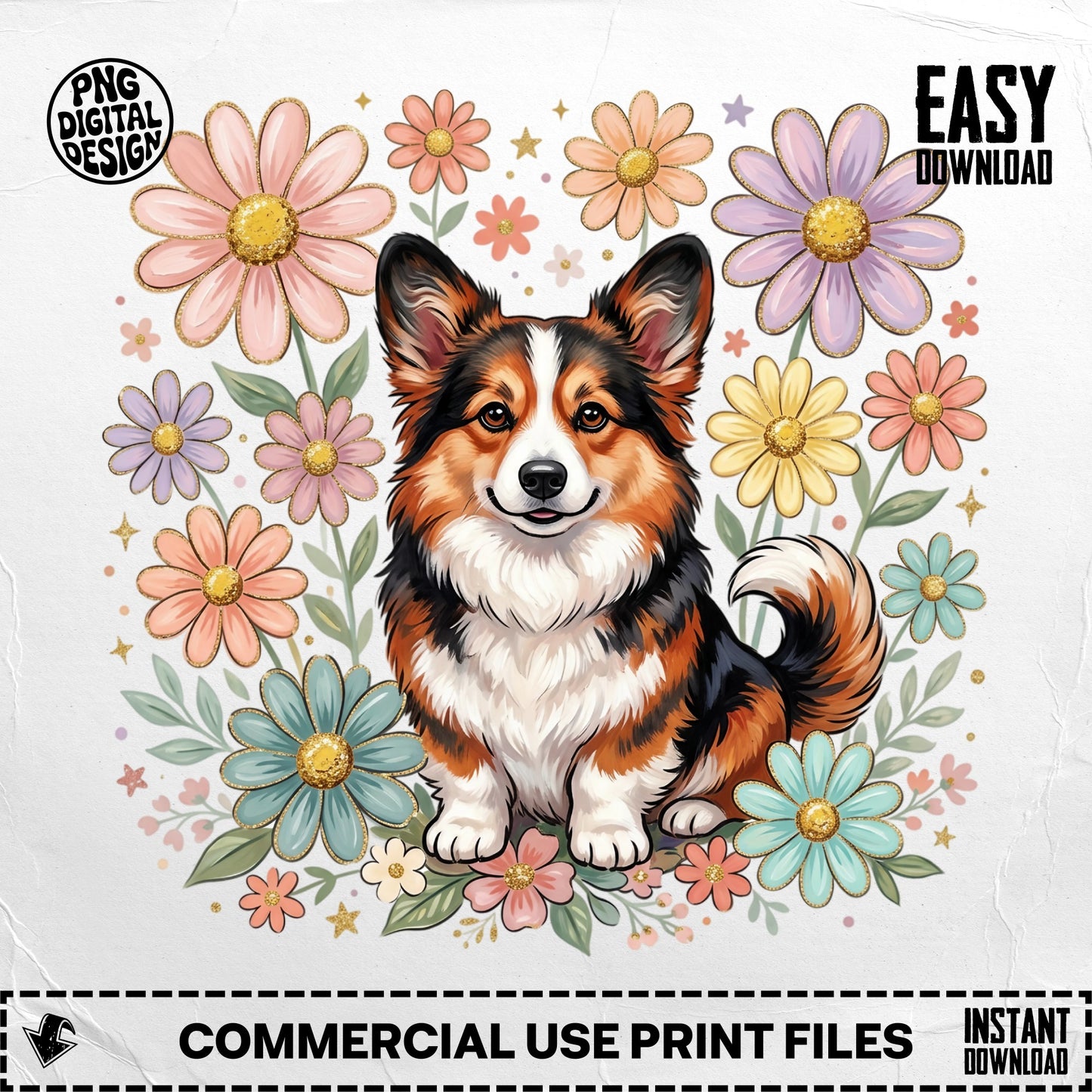 Corgi dog sitting among colorful flowers with "Easy Download" text.