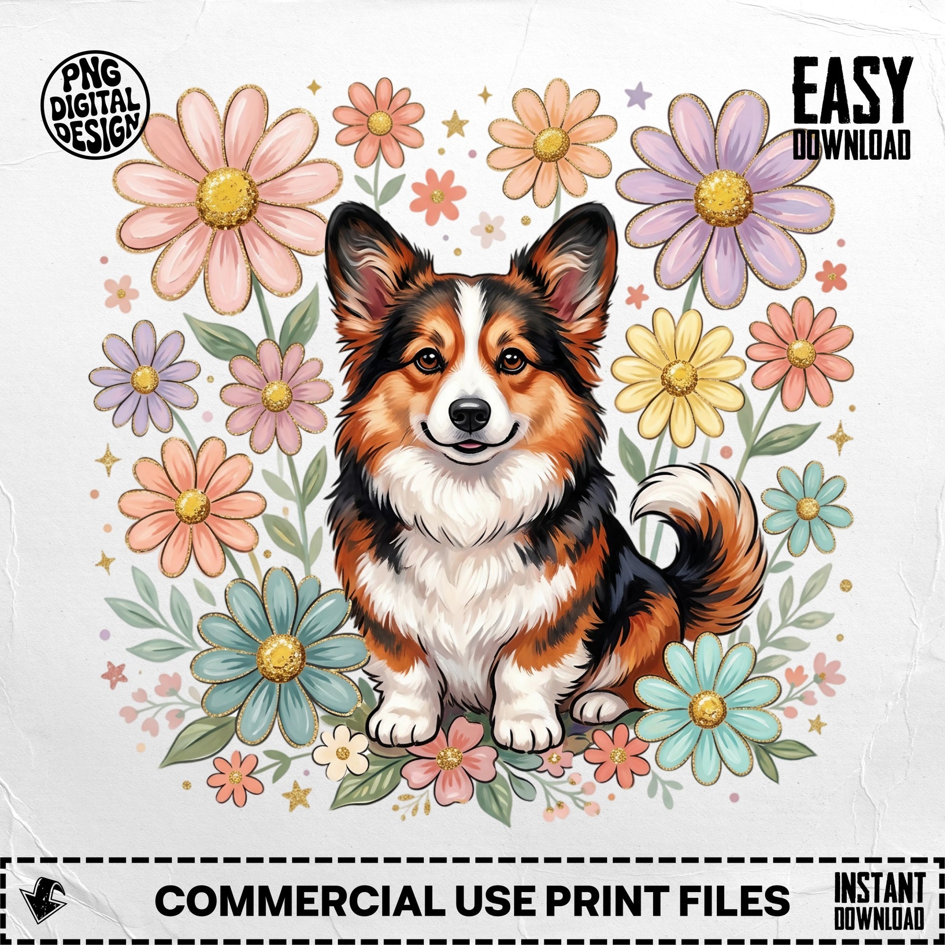 Corgi dog sitting among colorful flowers with "Easy Download" text.