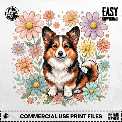 Corgi dog sitting among colorful flowers with "Easy Download" text.
