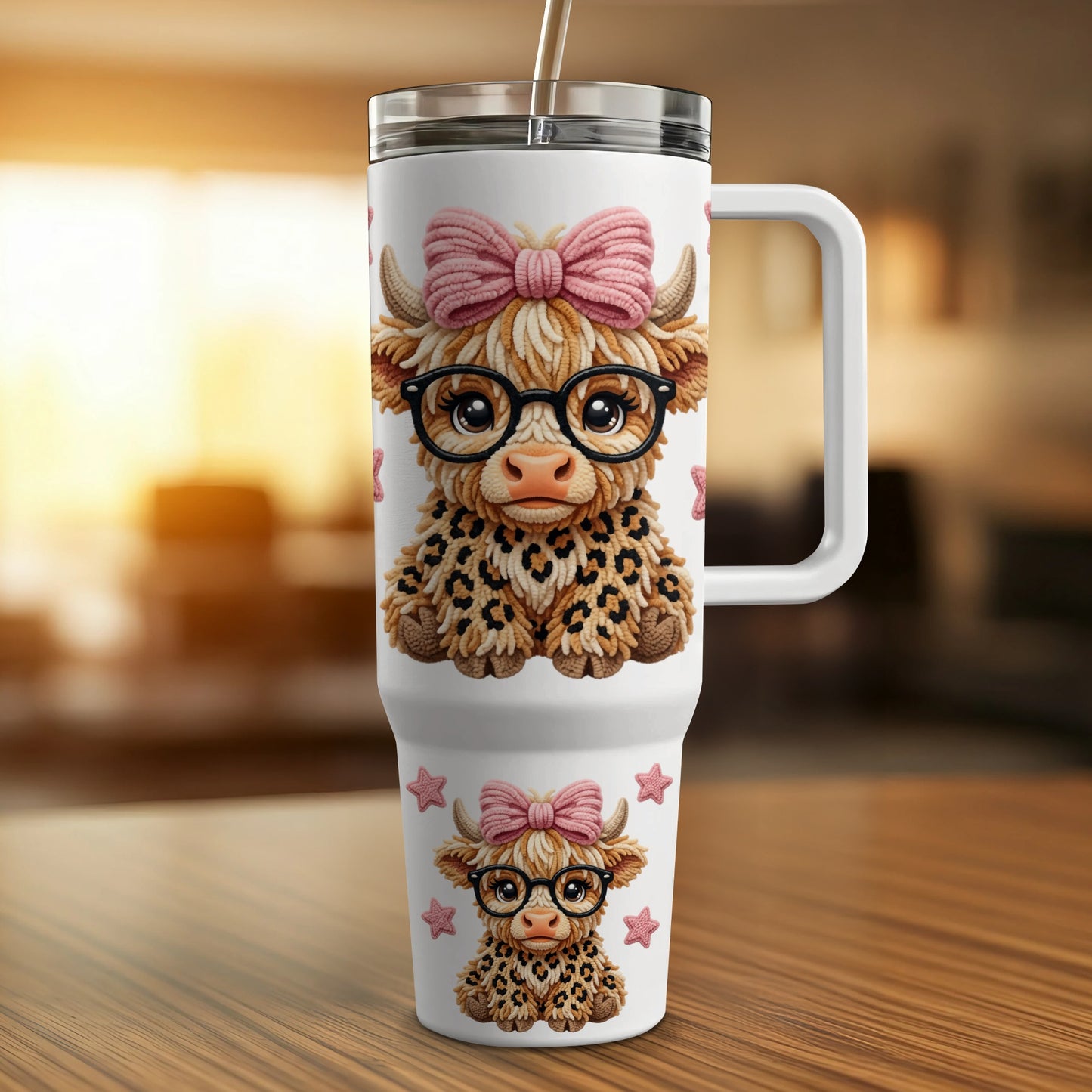 Highland cow tumbler with pink bow, glasses, and leopard print pattern.