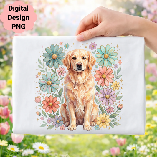 Golden retriever dog surrounded by colorful floral designs.