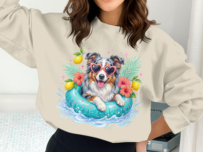 Dog in inner tube with sunglasses and flowers.