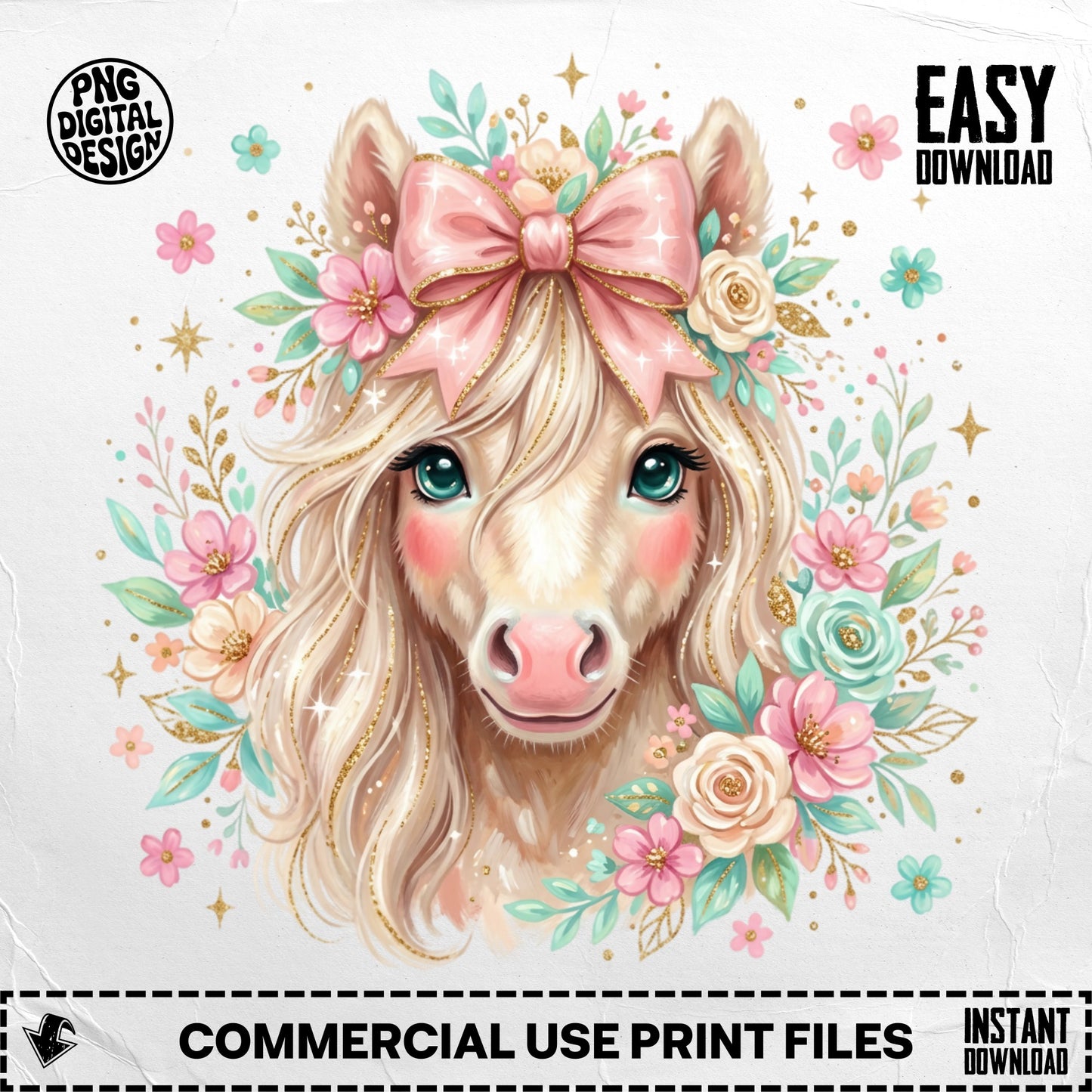 Cute cartoon pony with flowers and a pink bow.