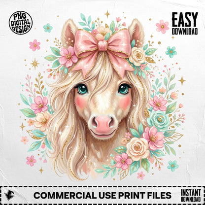 Cute cartoon pony with flowers and a pink bow.