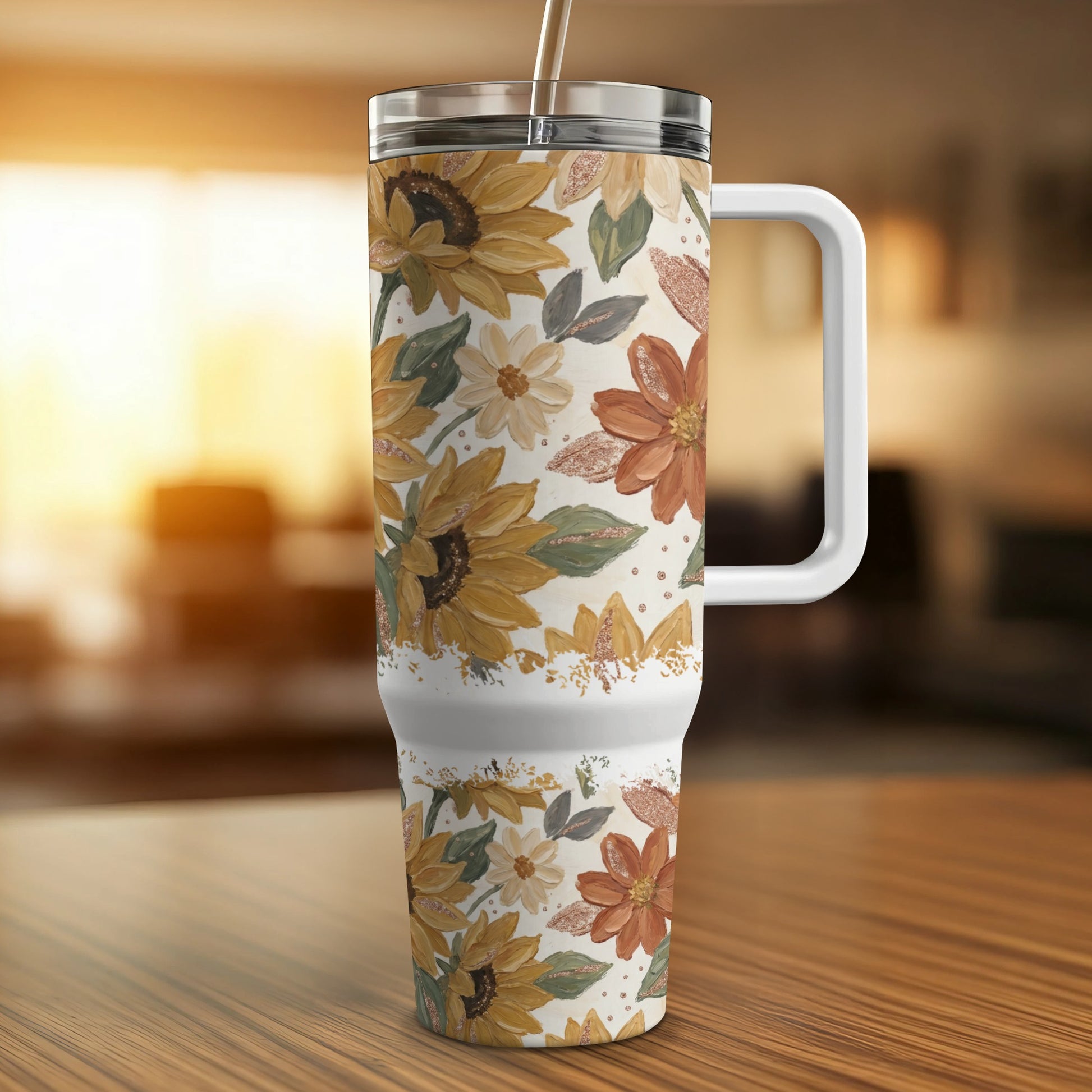 30-ounce tumbler with a floral sunflower design and white handle.