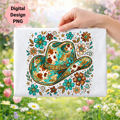 Cowboy hat with floral and glitter accents on white background.