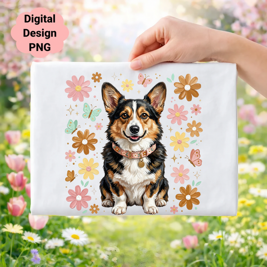 Tricolor corgi with butterflies and flowers, digital design PNG
