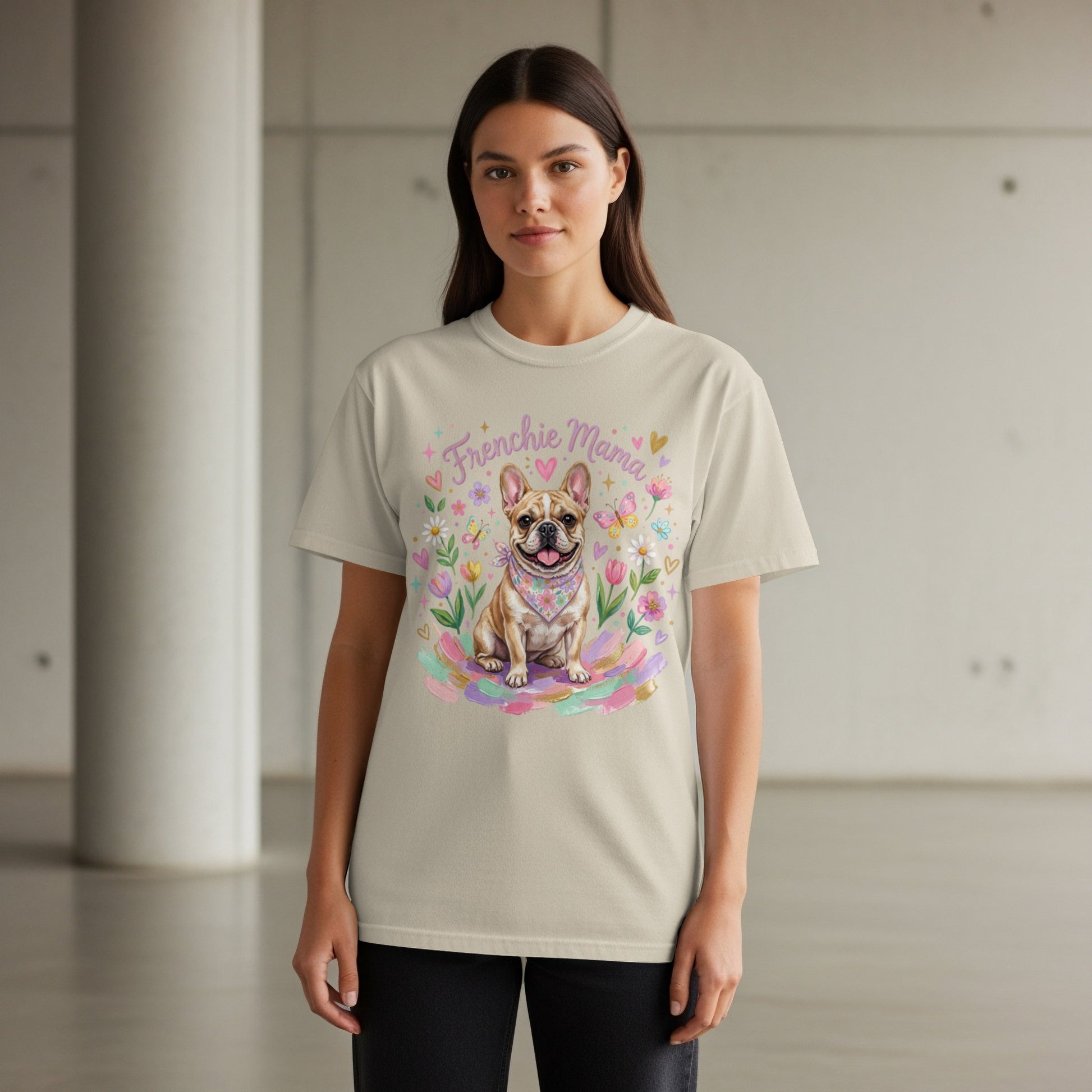 Cream t-shirt with Frenchie Mama text and French Bulldog illustration.
