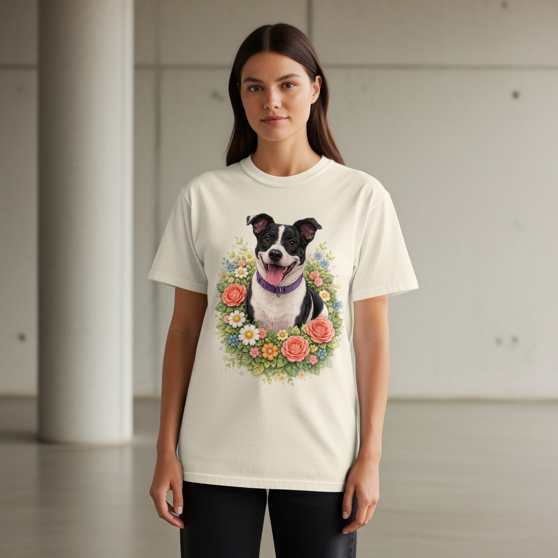 Cream t-shirt with floral wreath portrait of a black and white dog.