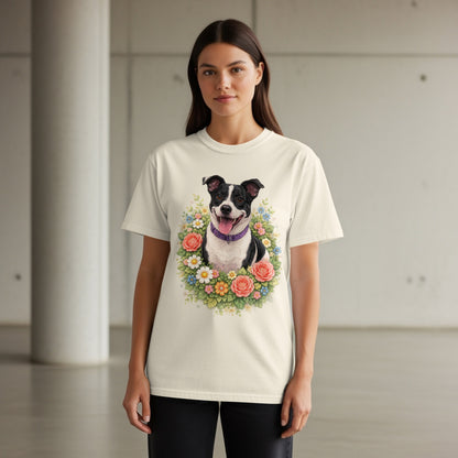 Cream t-shirt with floral wreath portrait of a black and white dog.