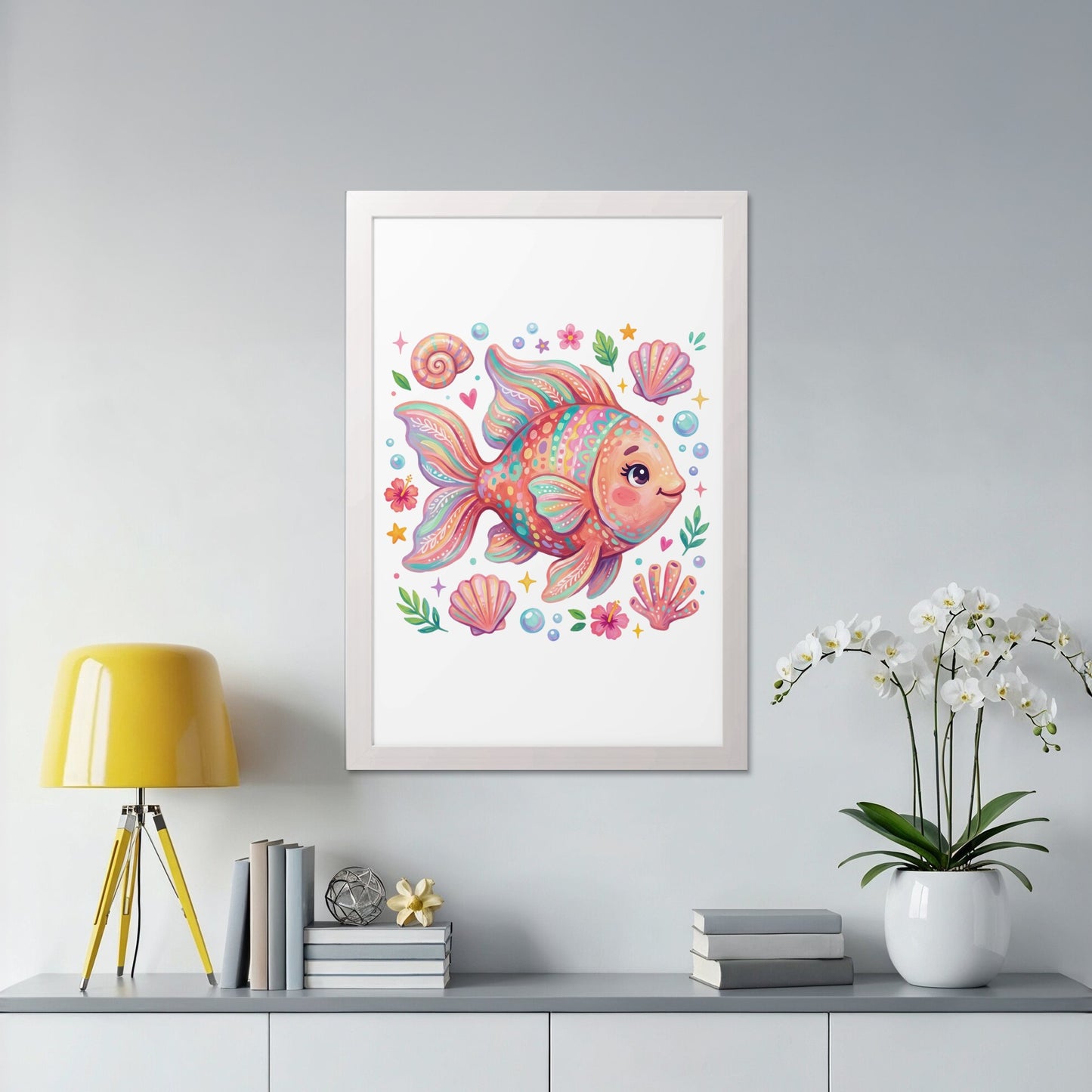 Framed artwork of a colorful, cartoonish fish with shells and bubbles.