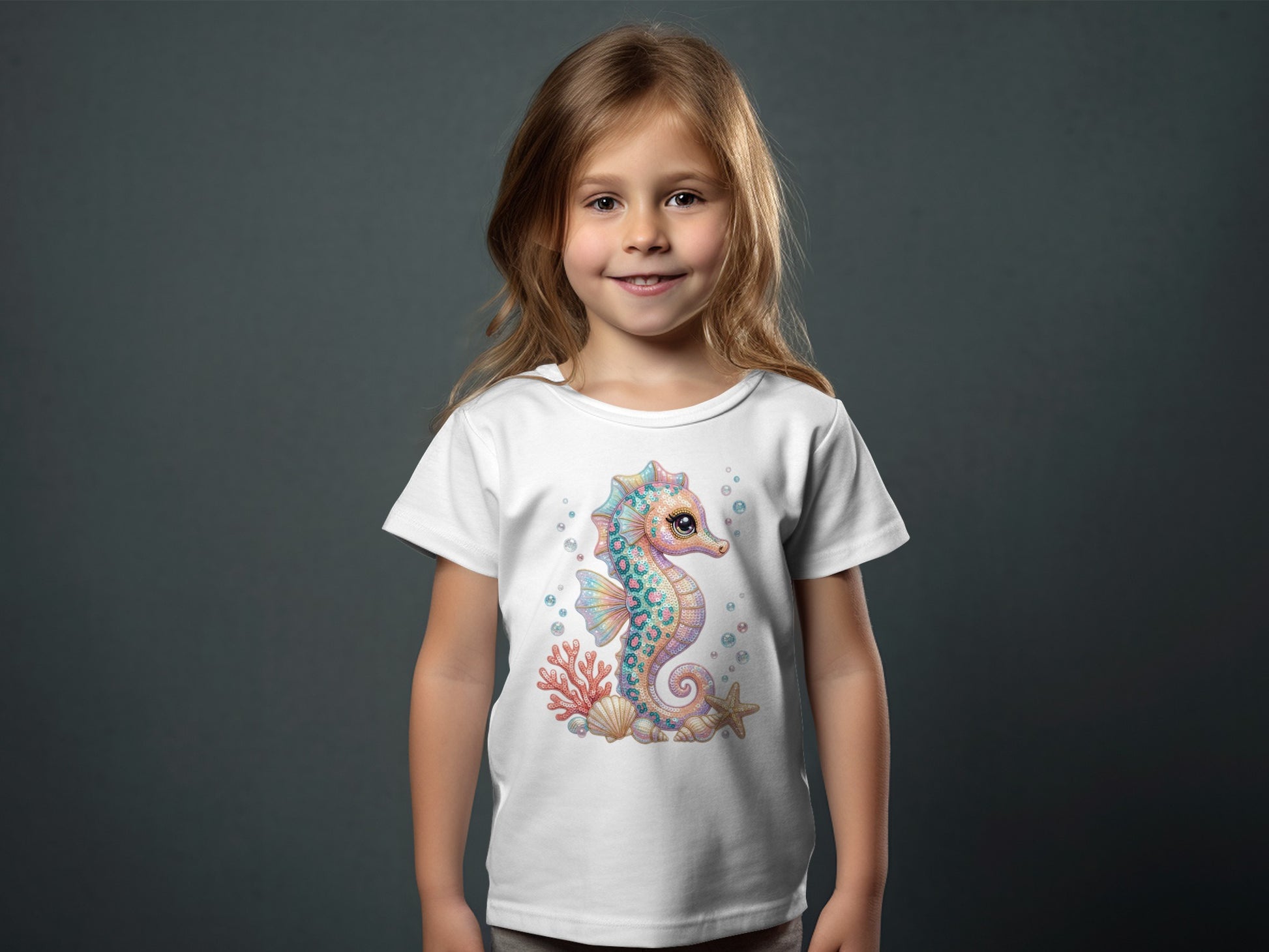 Child wearing white t-shirt with a colorful seahorse and coral graphic.