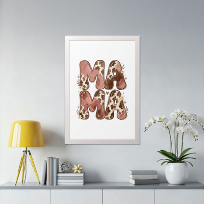 Framed artwork with "MAMA" in cow print and floral accents.