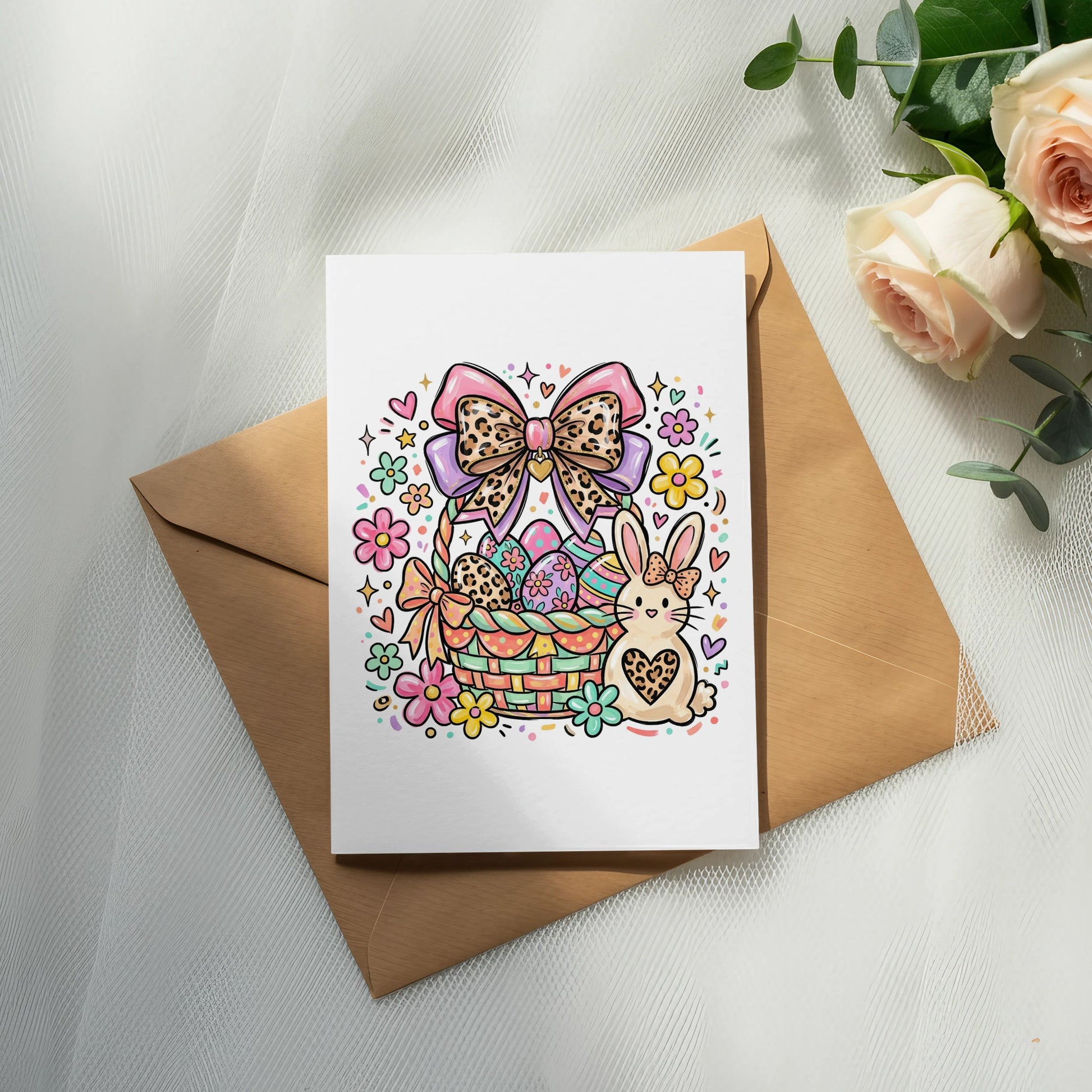 Easter card with a basket of decorated eggs, a bunny, and floral motifs.
