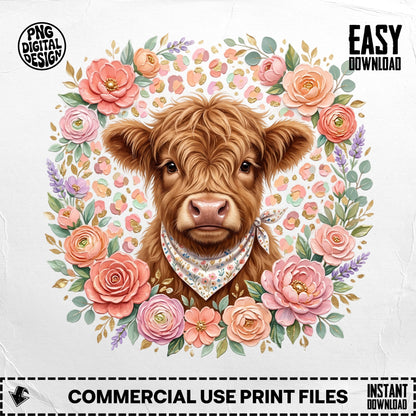 Highland cow with floral wreath and bandana, "Easy Download" text.
