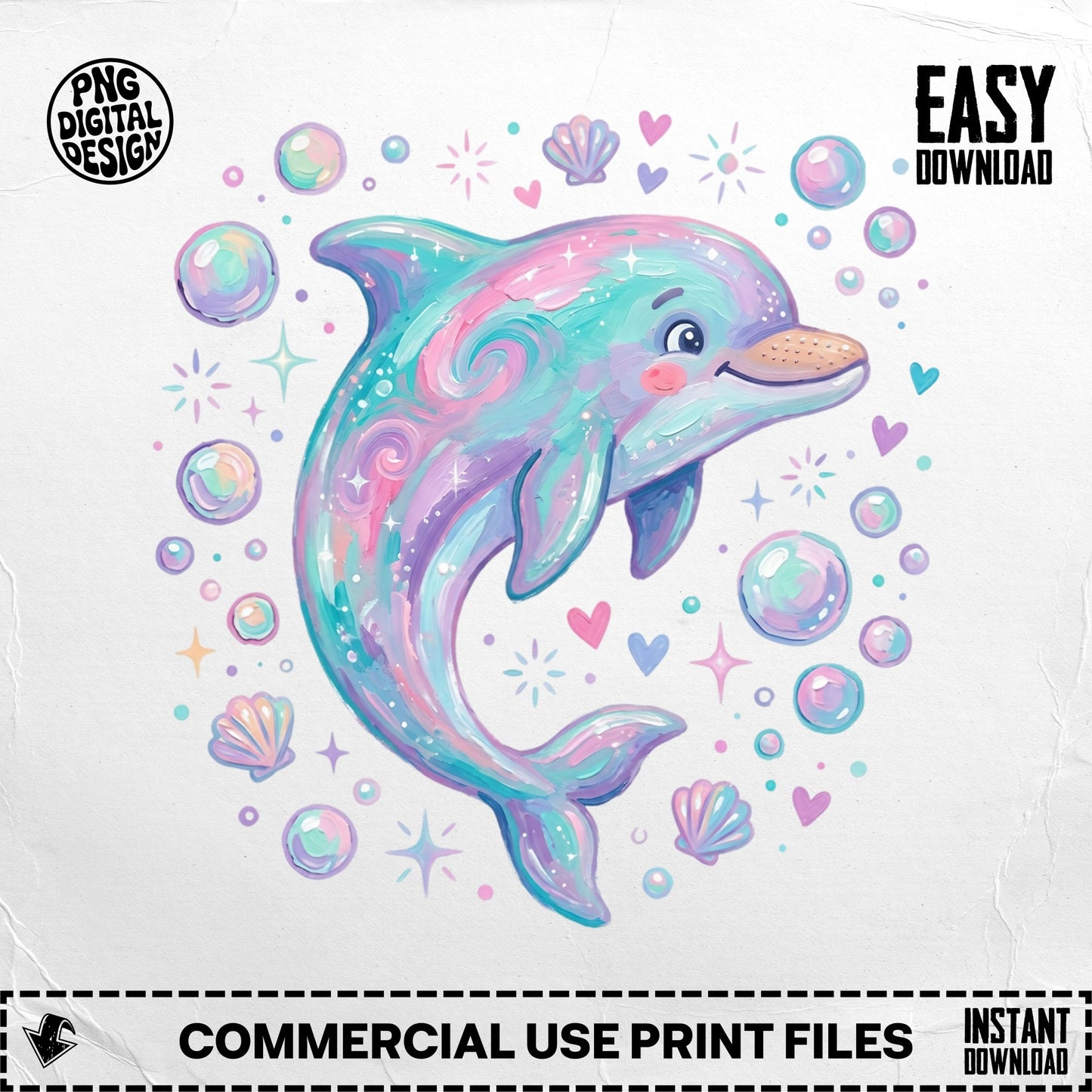Illustration of a pastel dolphin surrounded by bubbles and shells.