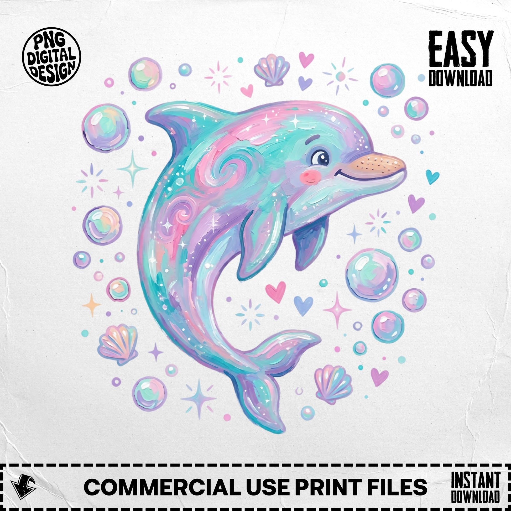 Illustration of a pastel dolphin surrounded by bubbles and shells.