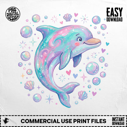 Illustration of a pastel dolphin surrounded by bubbles and shells.