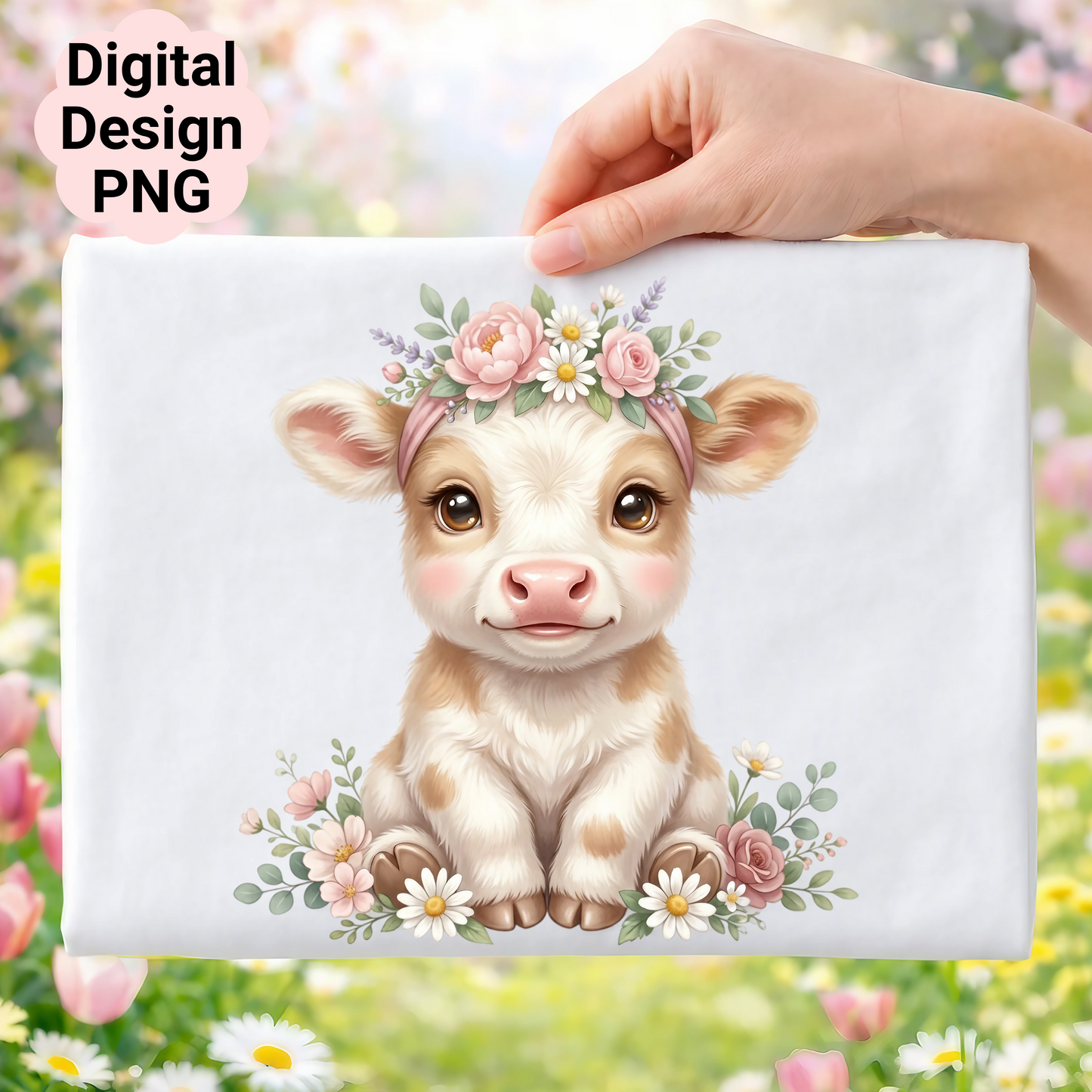 Cute baby cow with floral wreath and flowers.