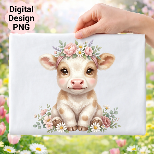 Cute baby cow with floral wreath and flowers.