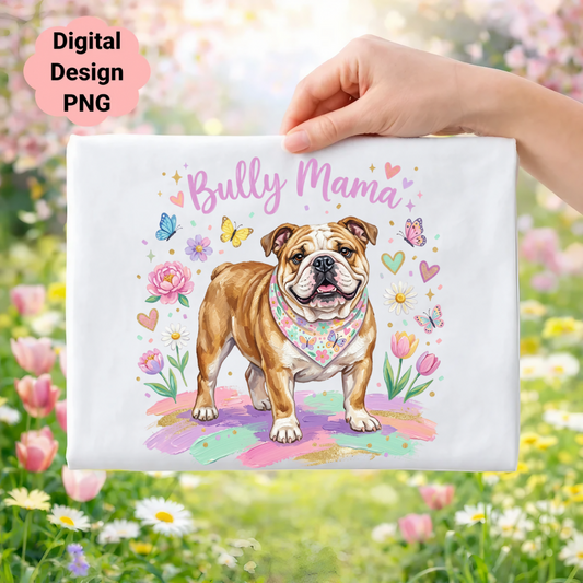 Bully Mama bulldog with butterflies and pastel flowers.