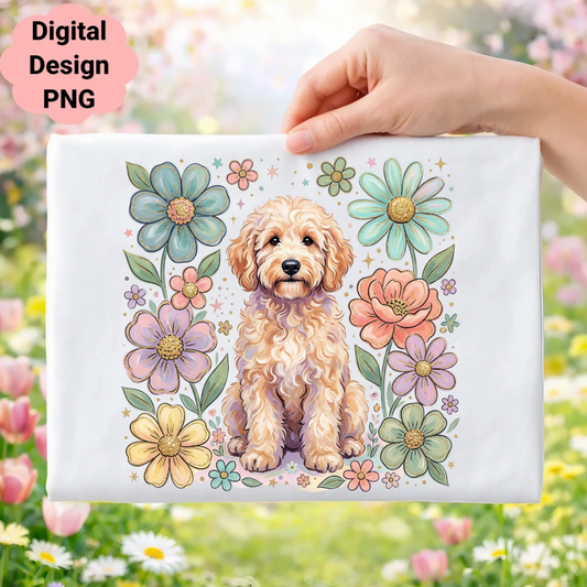 Goldendoodle puppy sits among pastel floral border.