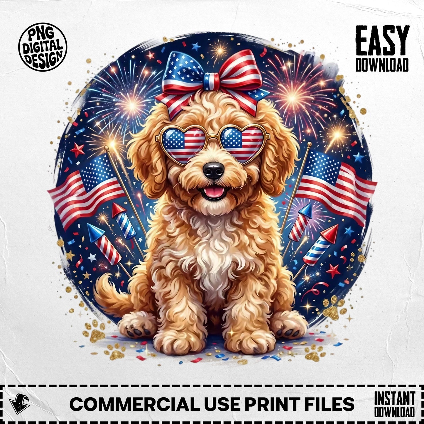 Fluffy dog with heart-shaped sunglasses and patriotic bow sits with fireworks.