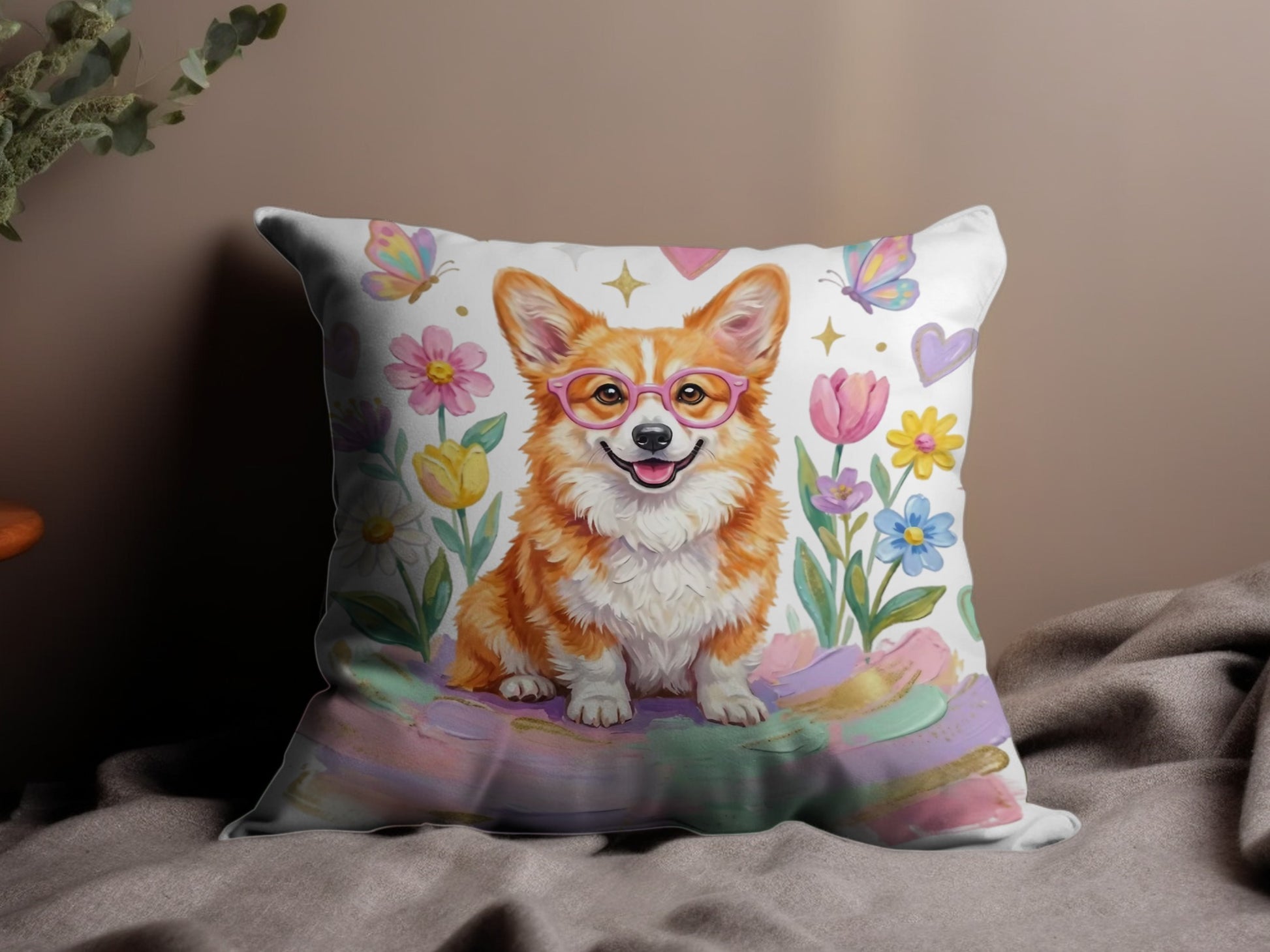 Corgi wearing pink glasses sits amongst colorful flowers and butterflies on a cushion.