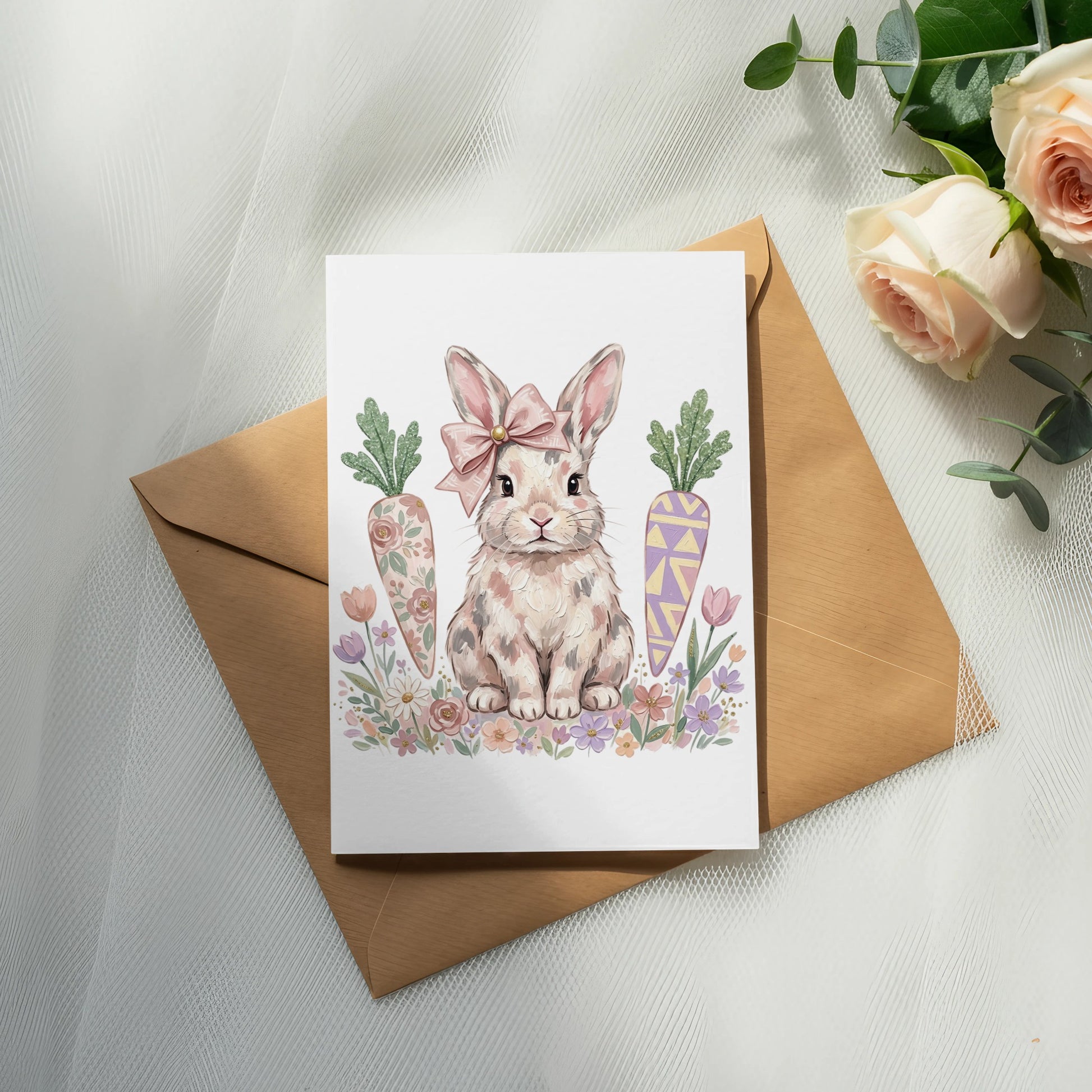 Easter card featuring a bunny with carrots and flowers.