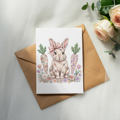 Easter card featuring a bunny with carrots and flowers.
