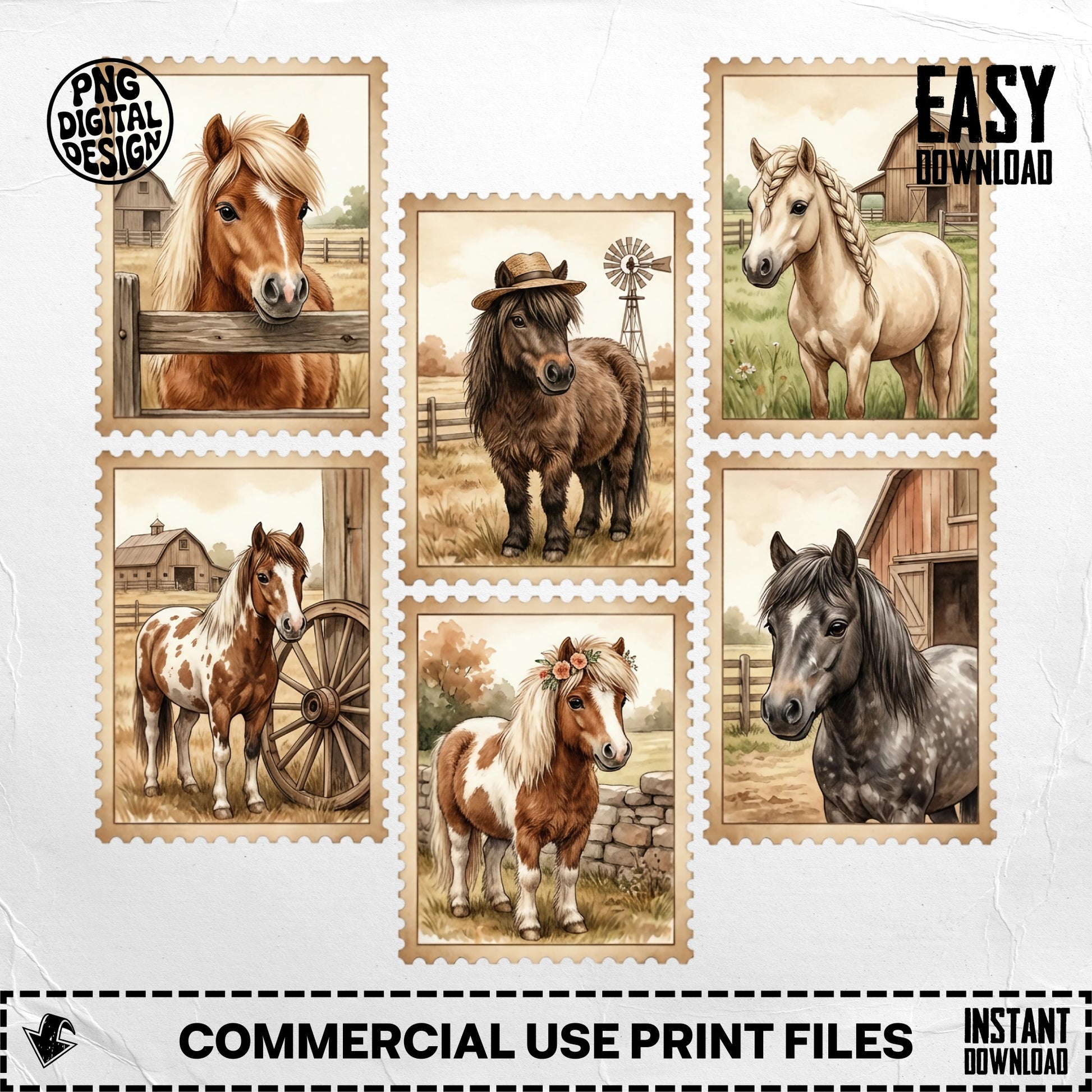 Six postage stamps featuring illustrations of horses and barns.