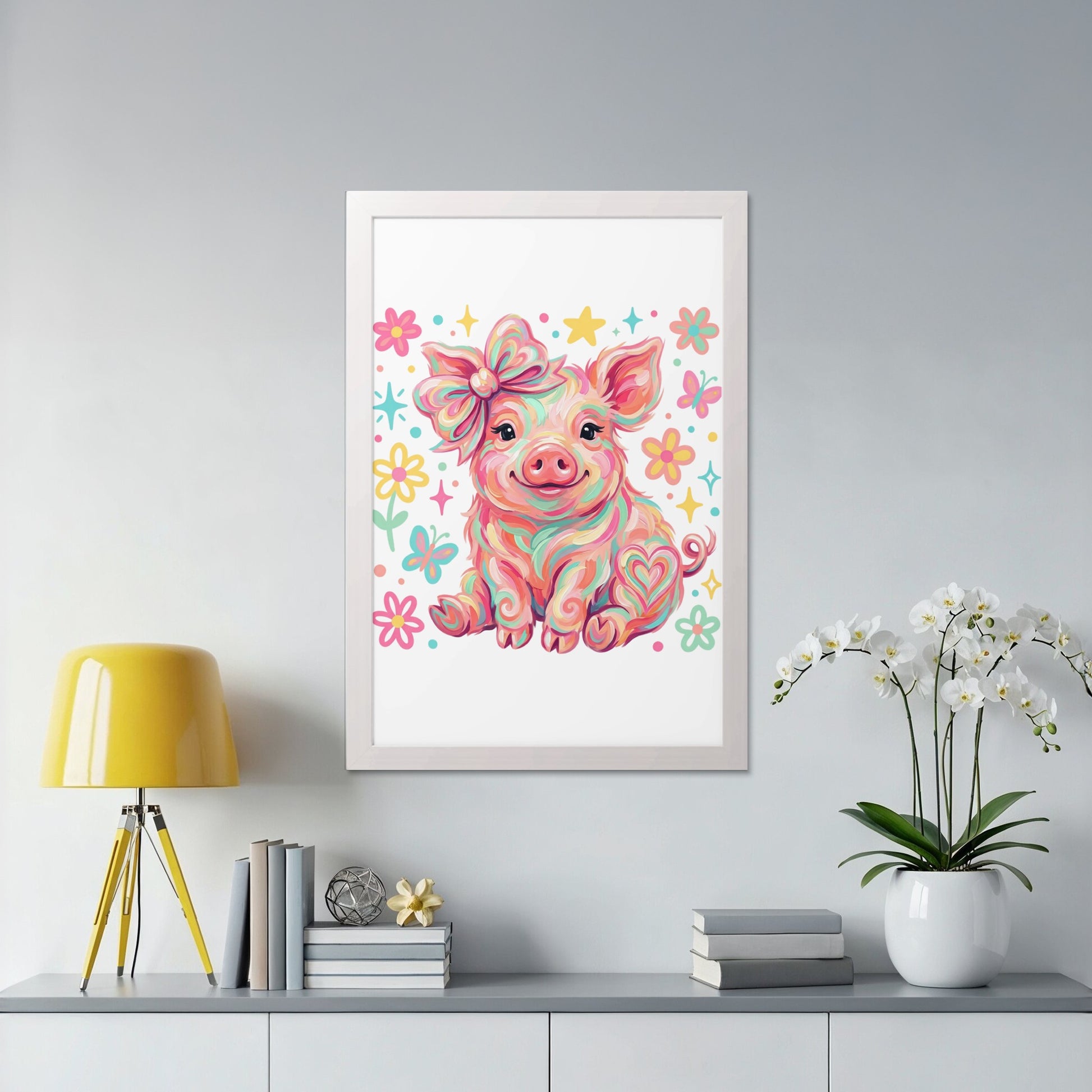 Whimsical pink pig with a large bow, surrounded by flowers and stars.