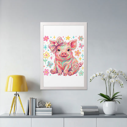 Whimsical pink pig with a large bow, surrounded by flowers and stars.