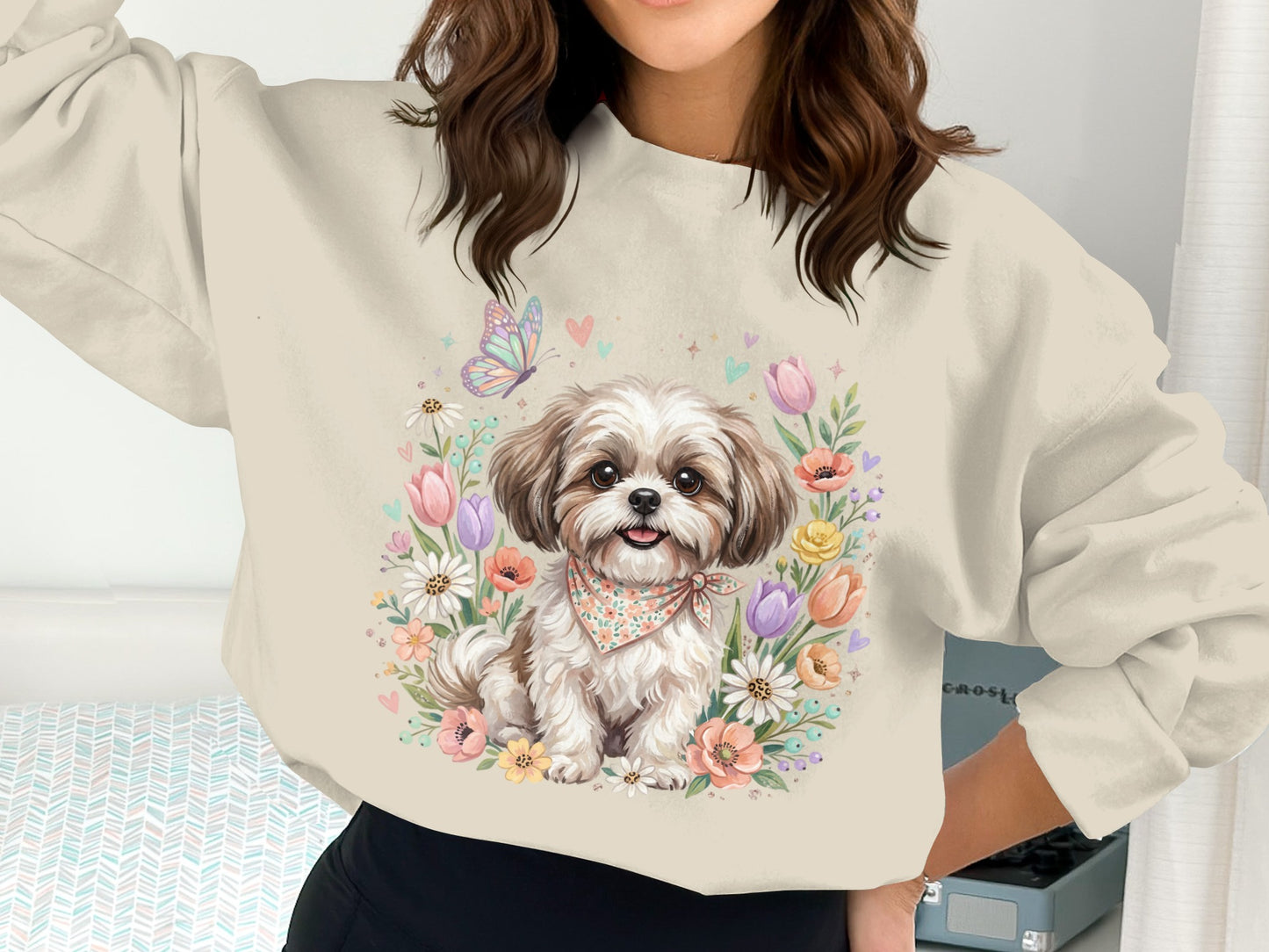 Shih Tzu dog wearing a bandana in a floral wreath with butterfly.