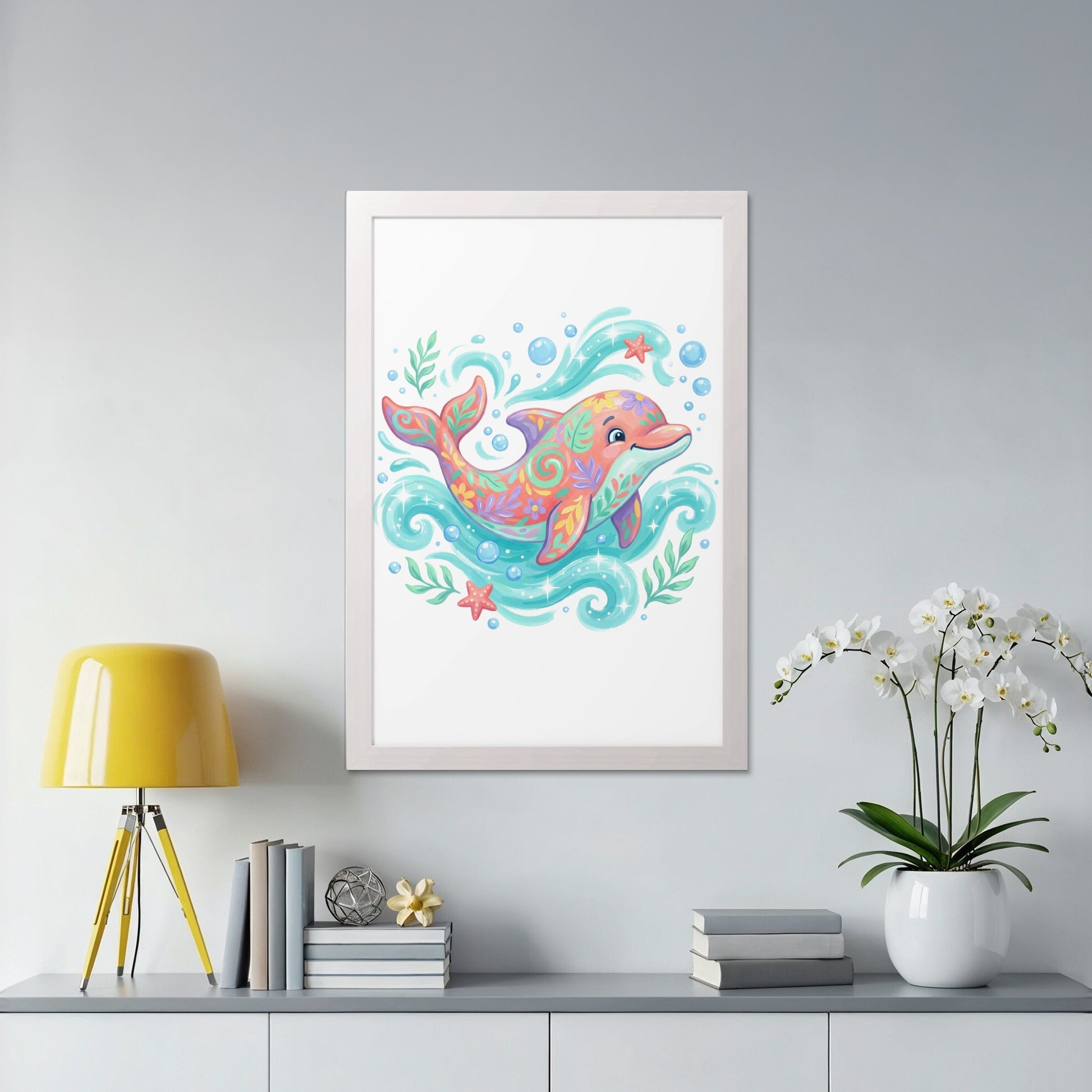 Colorful dolphin illustration with waves and bubbles in a white frame.