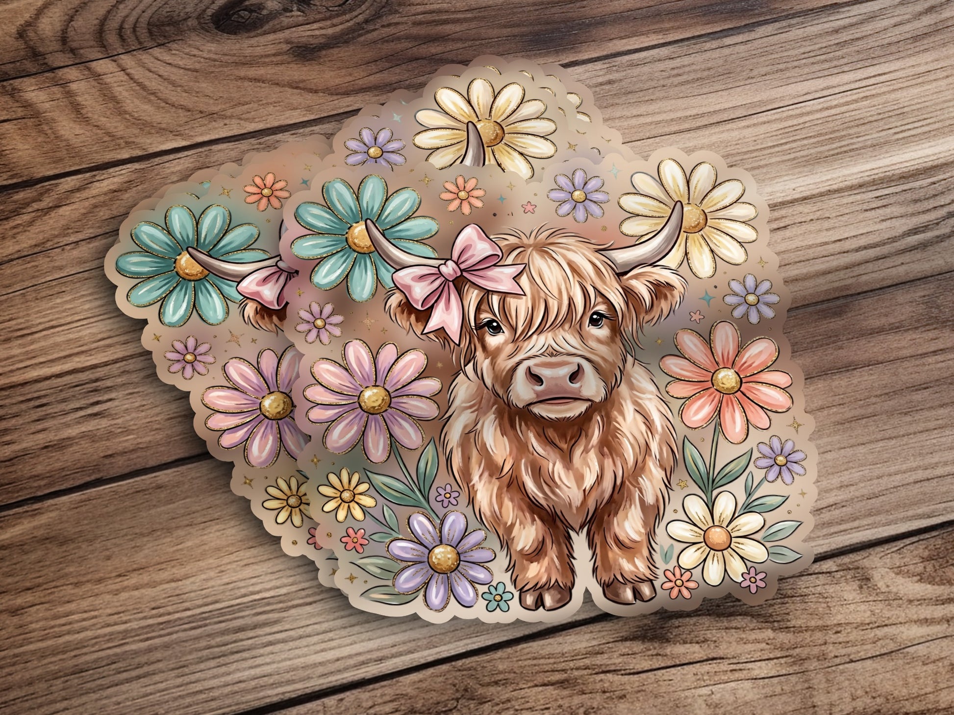 Fluffy Highland cow with pink bow surrounded by pastel flowers.