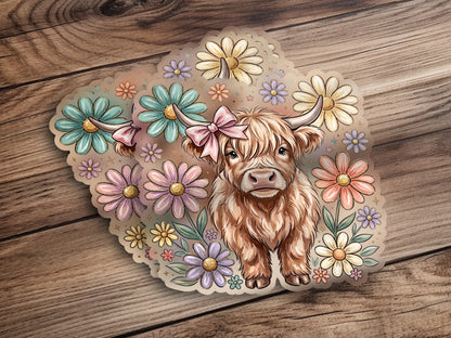 Fluffy Highland cow with pink bow surrounded by pastel flowers.