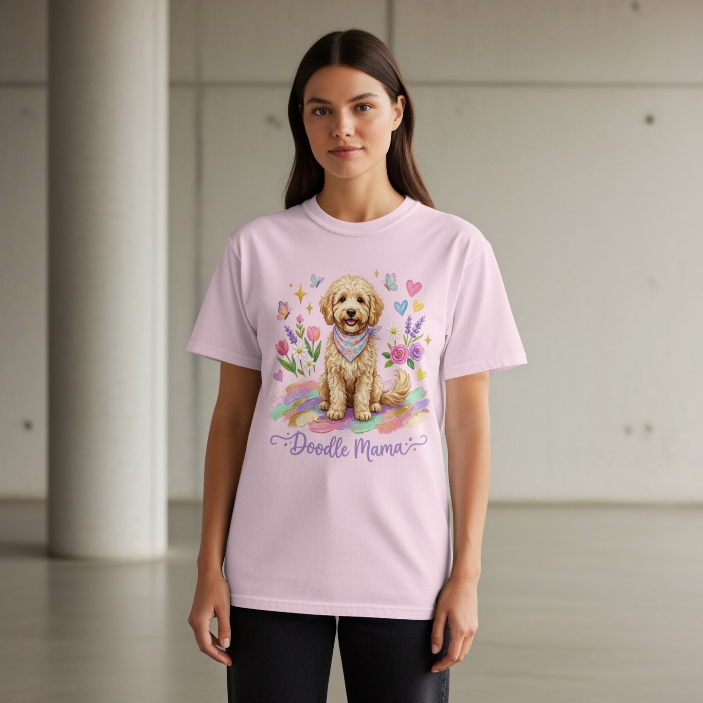 Pink t-shirt with a doodle dog, flowers, and "Doodle Mama" text.