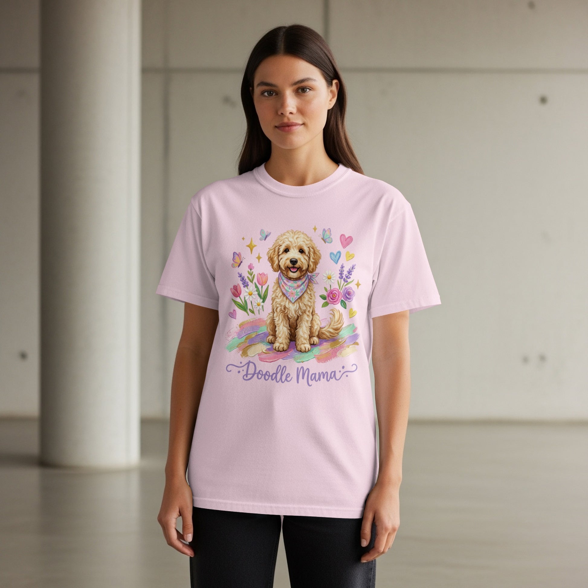 Pink t-shirt with a doodle dog, flowers, and "Doodle Mama" text.
