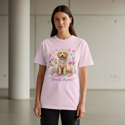 Pink t-shirt with a doodle dog, flowers, and "Doodle Mama" text.