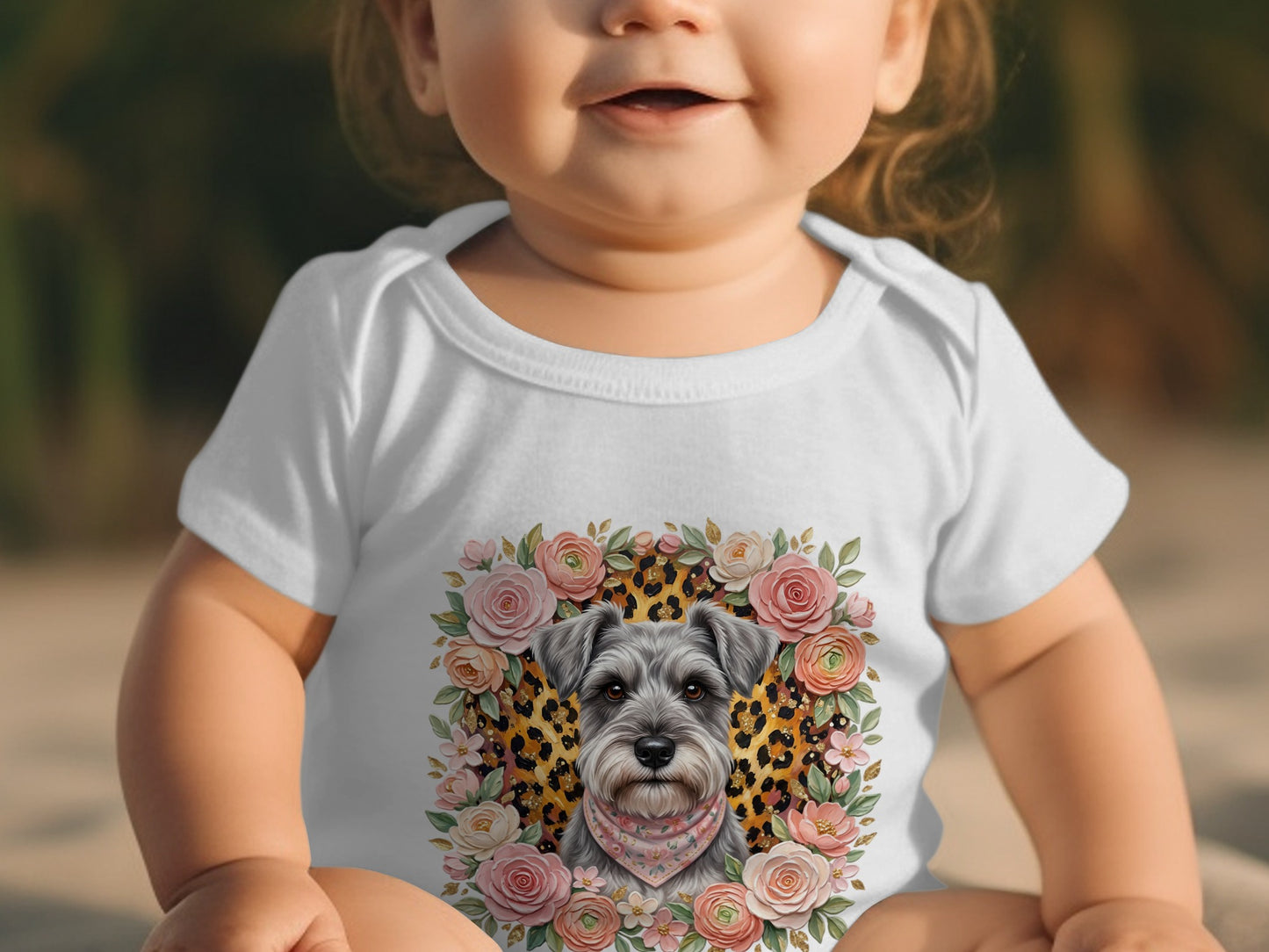 Baby wearing white bodysuit with schnauzer and floral print.