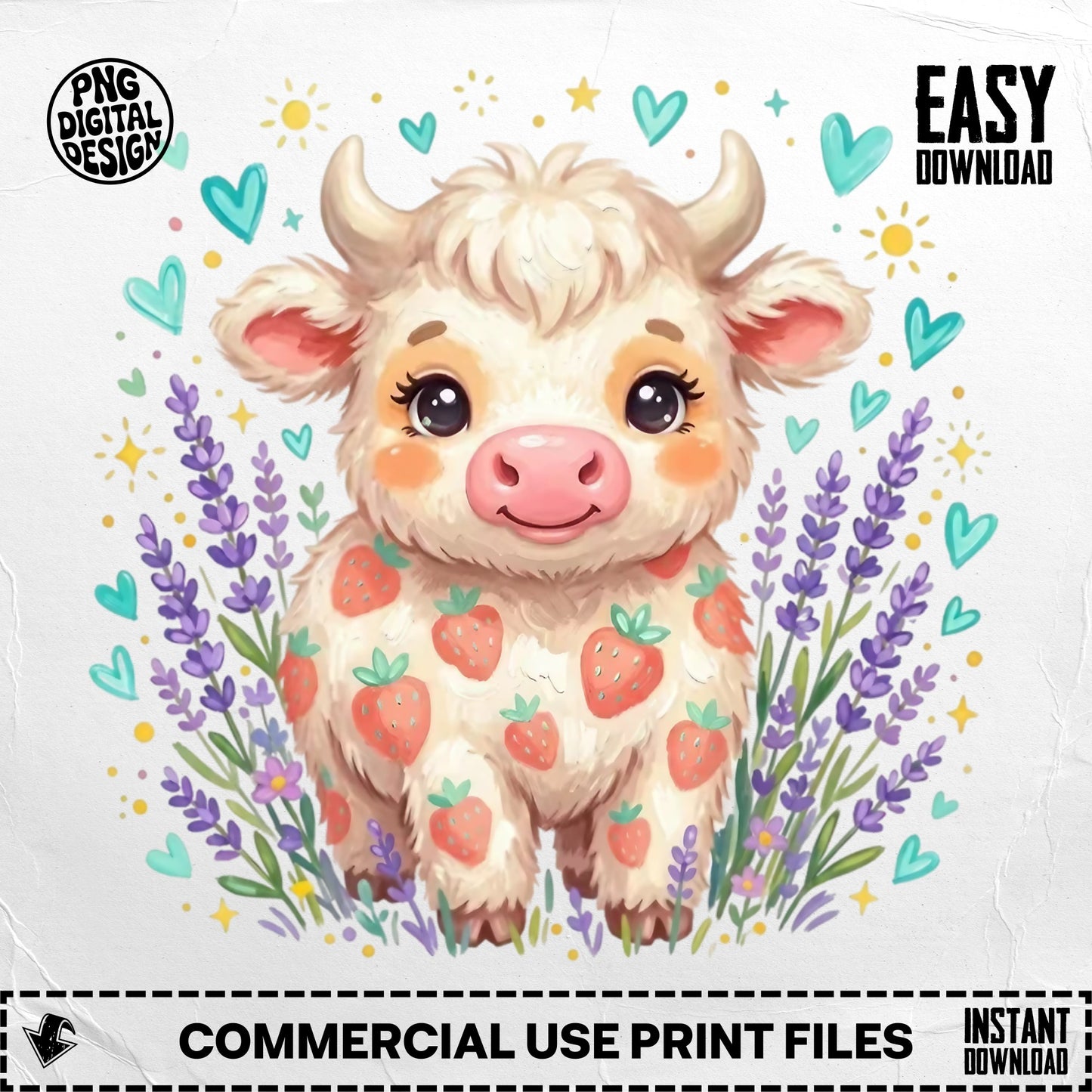 Cute strawberry cow illustration with lavender and hearts.