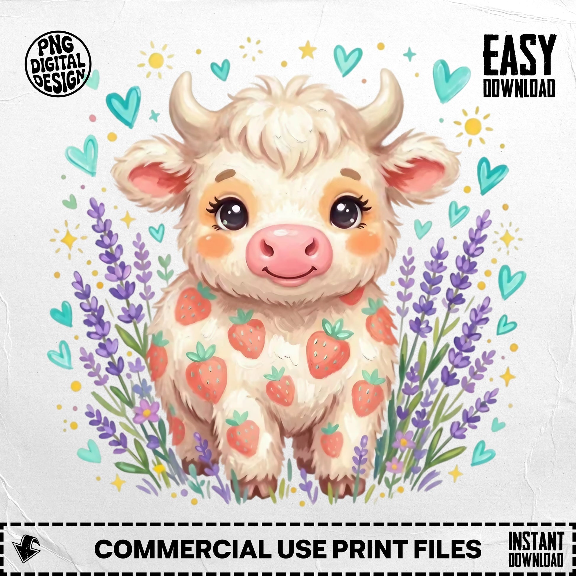 Cute strawberry cow illustration with lavender and hearts.