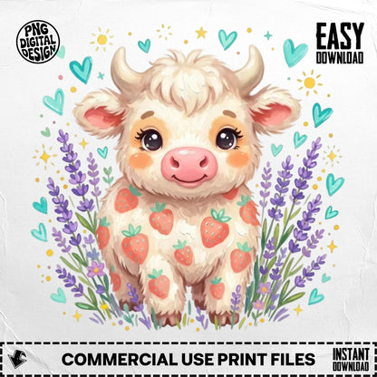 Cute strawberry cow illustration with lavender and hearts.