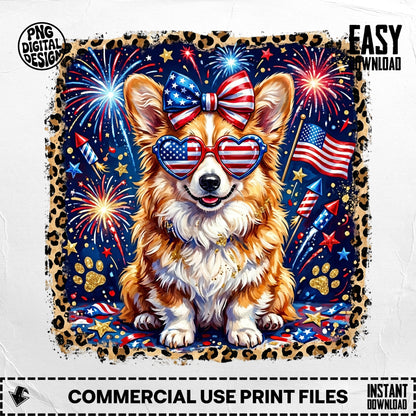 Corgi wearing heart-shaped sunglasses with American flag print and fireworks.