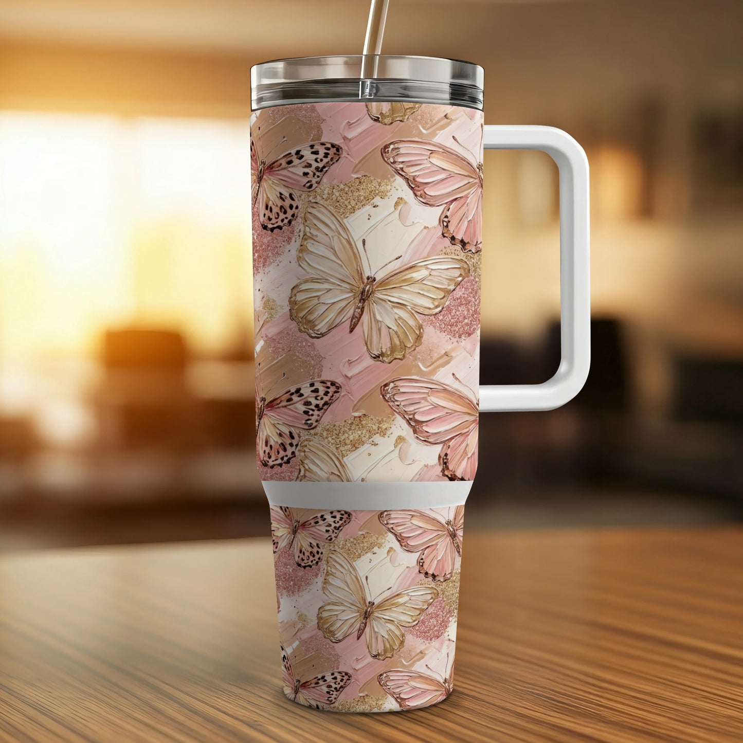 30 oz tumbler with a pink, gold, and white butterfly pattern.
