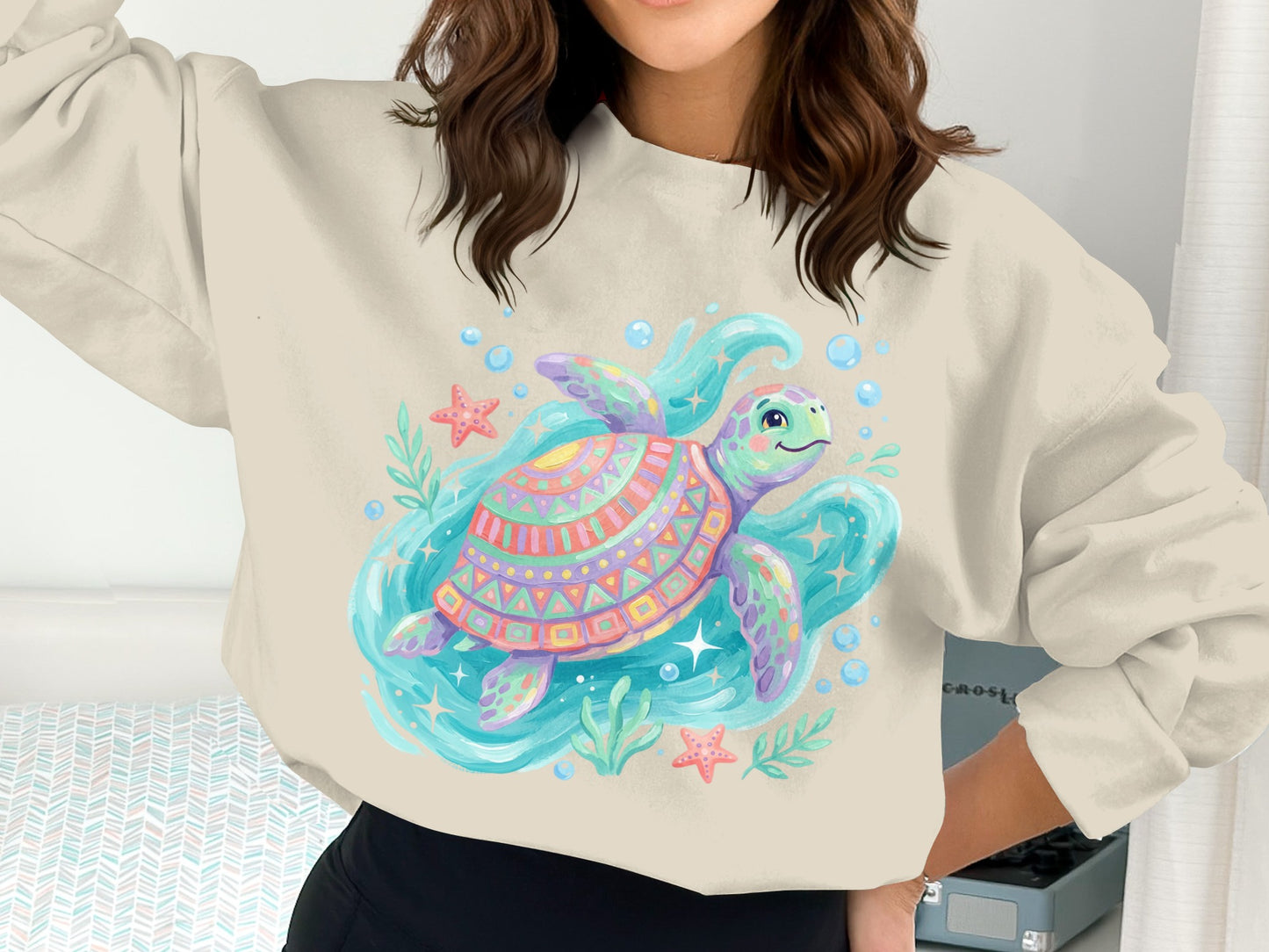 Sweatshirt with colorful patterned sea turtle and bubbles.